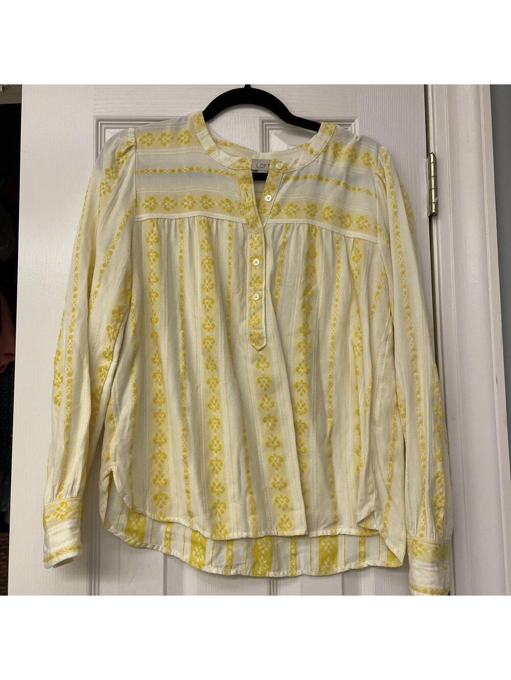 Ann Taylor Loft Yellow White Lightweight Cotton Blend 1/2 Button Popover Size S